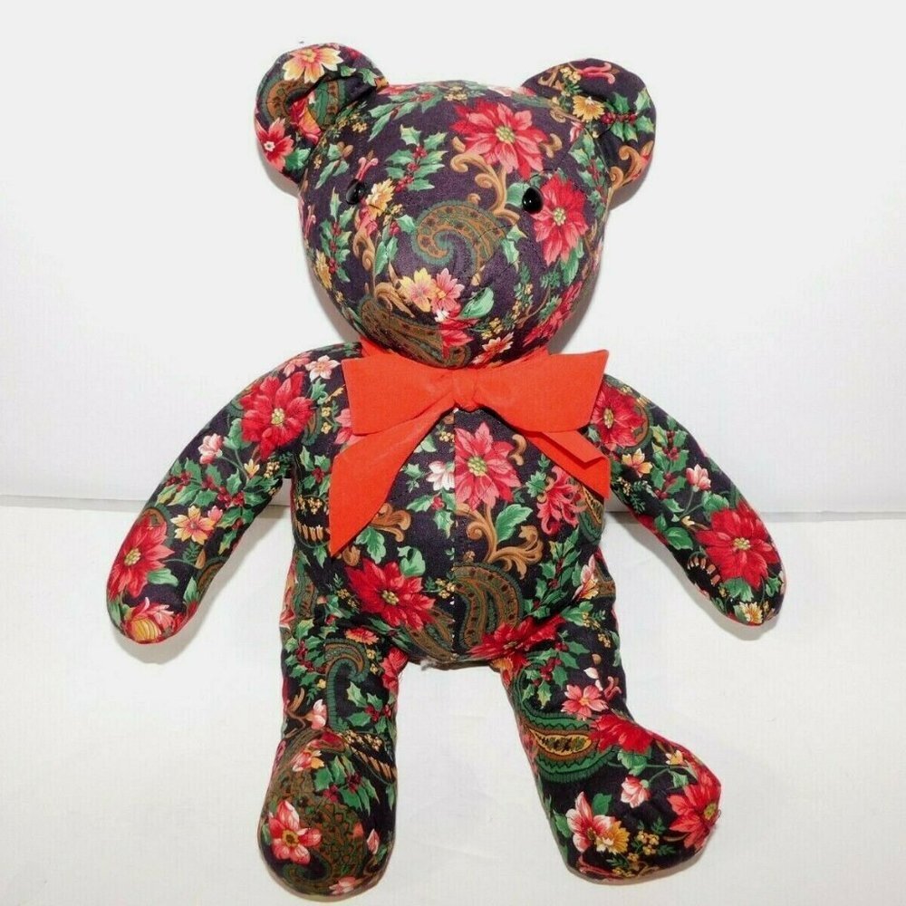 VTG 80s  Hand Sewn Christmas Poinsettia Holly Teddy Bear 16" Holiday Stuffed